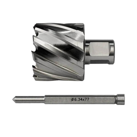 Annular cutter with Weldon shank and pilot-pin slugger bit, front view; 1-3/4 in diameter, steel-gray metal.