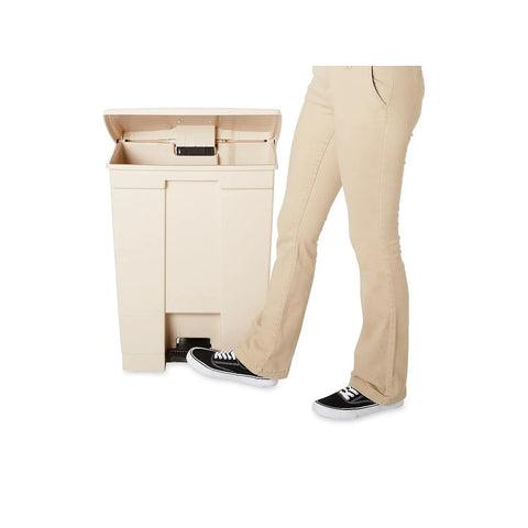 Person using Fire Safe Step-On Receptacle, 18-Gallon Rectangular Beige Trash Can with Heavy-Duty Pedal and Odor-Control Lid