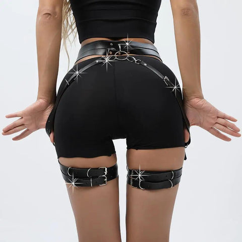 Premium Adjustable Punk Leather Thigh Harness For Women Durable Soft PU Waist Leg Garter displaying adjustable straps on shorts.