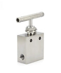 Stainless steel high-pressure needle valve with 20,000 psi rating and T-handle mounted on a square block, 1/4 in port
