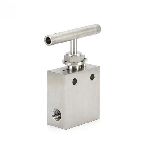 Stainless steel high-pressure needle valve with 20,000 psi rating and T-handle mounted on a square block, 1/4 in port