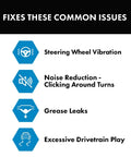 Diagram showing issues fixed by Beefed-Up Front CV Axle Assembly: steering vibration, noise, grease leaks, drivetrain play.