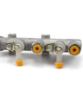 Close-up of Brake Master Cylinder Assembly For E Merge Golf Cart Front Fitment 500 E2 E4, silver with yellow fittings side view.