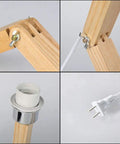 Robot Bedside Lamp With Fabric Lampshade And Foldable Solid Wood Body details: adjustable arms, E27 socket, power plug close-ups