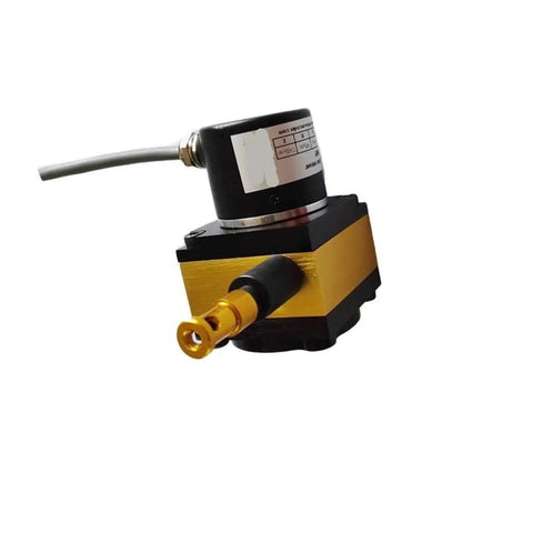 CESI S1000P Linear Draw Wire Encoder For Precise Distance Measurement And Cable Motion Transducer With Six Digit Counter Display HB961 A Real Workhorse For Rugged Industrial Use, gold and black cable sensor with wire lead