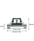 Front view of Silver Galvanized 12 Piece DIN Rail Mount Terminal Blocks End Stopper Screw Type Clamp with dimensions