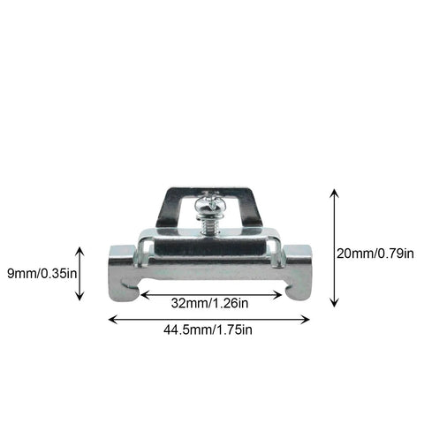 Front view of Silver Galvanized 12 Piece DIN Rail Mount Terminal Blocks End Stopper Screw Type Clamp with dimensions