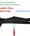 Black nitrile disposable gloves stretched by gloved hands; large size, latex-free.