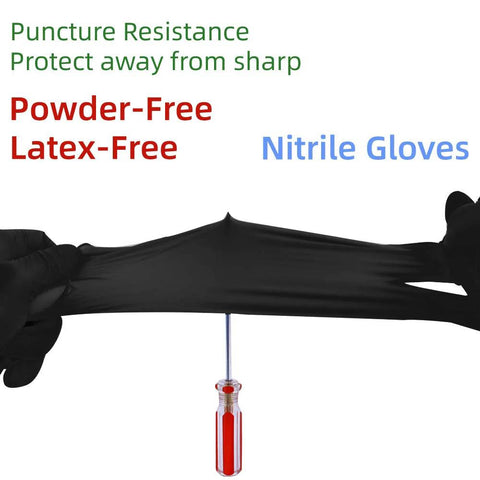 Black nitrile disposable gloves stretched by gloved hands; large size, latex-free.