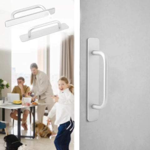 Adhesive Cabinet Handles 5.83 Inch 2 Pack No Drill Installation For Kitchen Cabinets Bathroom Vanities Sliding Doors And Sliding Closet Doors Matte Black And Silver Finish Rust Resistant Zinc Alloy Construction shown installed on door