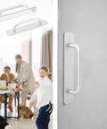 2 Pack Self Stick Adhesive Cabinet Handles showing two aluminum handles on table and one installed on wall, no drilling required