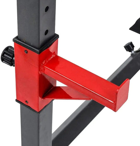 Red bracket detail on Adjustable Home Gym Weight Bench With Heavy Duty Steel Frame, 550 Lb Max Load, 43.5 To 67.5 Inch Height Range