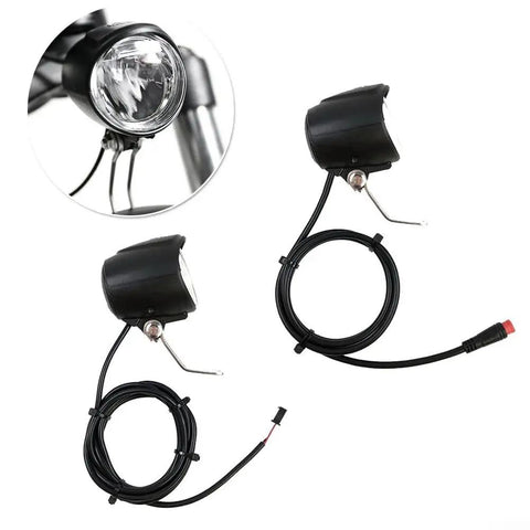 Bright E-Bike Front LED Headlight With 5W Power For Super Visibility And Safety On All Bikes Featuring Waterproof Design That Works Smoothly Across Wide Voltage Range From 6V Up To 60V Without Flickering Or Damage. black metal e-bike front LED headlight with wired connector
