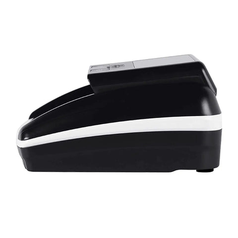 Side view of black and white Portable Mini Money Counter And Counterfeit Detector With MG IR Image And Paper Quality Size Thickness Detection