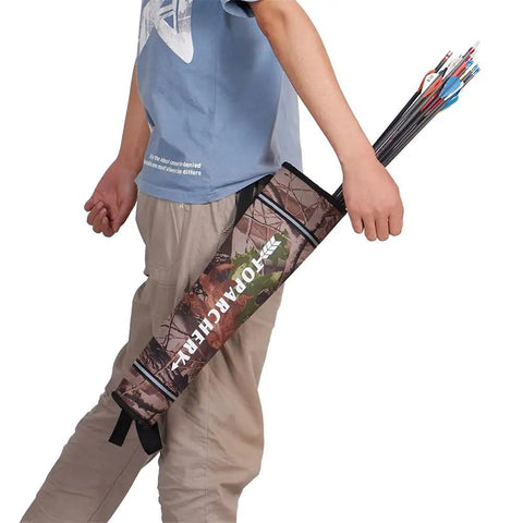 Person wearing Camouflage Arrow Quiver Backpack For Adults, Large Capacity Hip Quiver Holder, demonstrating practical use.
