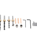 Three In One Woodworking Drilling Guide Kit With Scale Positioning Jig And Anodized Metal For Pro Grade components laid out