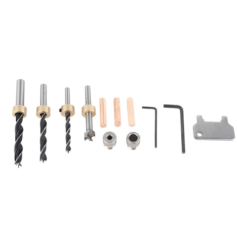 Three In One Woodworking Drilling Guide Kit With Scale Positioning Jig And Anodized Metal For Pro Grade components laid out