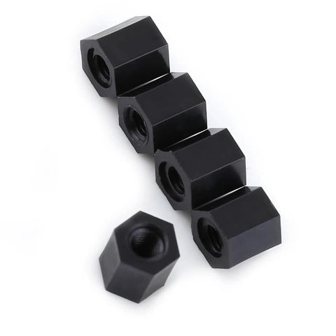 Premium Black M3 Female To Female Hex Threaded Standoff Spacers 100 Pcs PA66 Nylon arranged in a row with clean hex profiles.