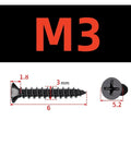 M3 X 6 millimeter Premium Heavy Duty Black Carbon Steel Phillips Wood Screw with dimensions for self-tapping fasteners.