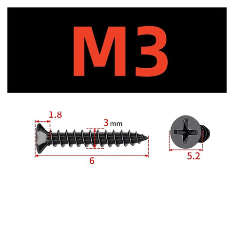M3 X 6 millimeter Premium Heavy Duty Black Carbon Steel Phillips Wood Screw with dimensions for self-tapping fasteners.