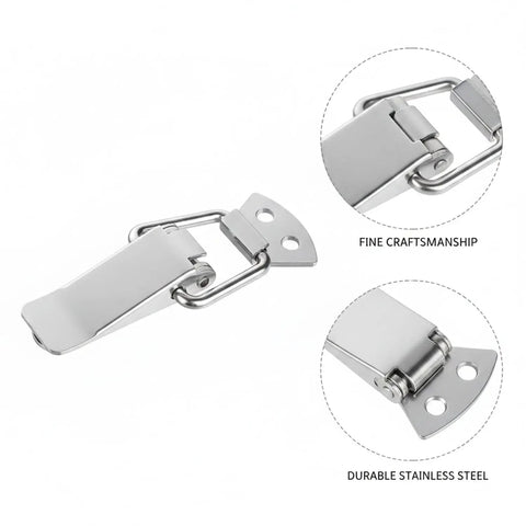 Stainless Steel Spring Latch With Quick Action Draw Catch For Toolboxes And Cases, highlighting craftsmanship and durability in closeups.
