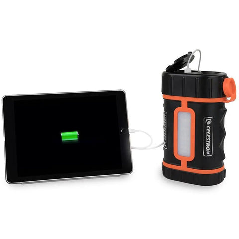 PowerTank Lithium Pro Telescope Battery Portable Go-To 12V Power Supply connected to tablet via USB port