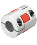 Flexible Shaft Coupling 14mm To 15mm Bore with red elastomer insert, ideal for servo motor torque transmission and vibration dampening.