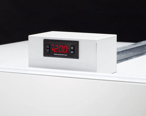 Digital control panel displaying temperature on 33 Inch Wide Upright All-Freezer Delivering 17 Cu Ft True No Frost.