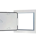 Heavy Duty 24x24 Metal Access Door With Neoprene Gasket Built Like A Tank For Drywall Ceilings And Walls USA Made open view showing hinge and seal