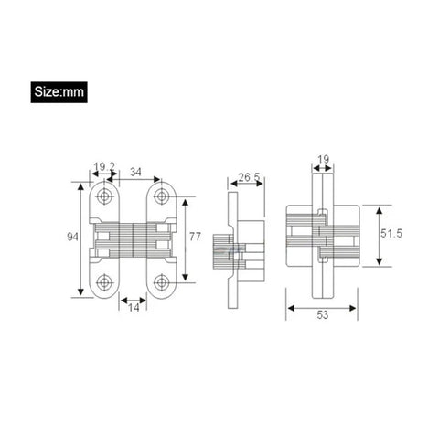 Technical drawing of 10 Pack Heavy Duty Zinc Alloy Door Hinges Invisible Concealed Hidden Pivot Brackets dimensions in mm.