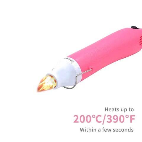 Mini 300W Heat Gun With Stand For DIY Embossing Shrink Tubing And Drying Paints Multi Purpose Hot Air Tool Lightweight Electric Heating Gun 110V Pink And White showing heating element reaching 200°C