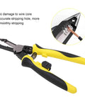 Heavy-Duty Carbon Steel Wire Stripper With Secure Non Slip Grip Electrician Crimping Pliers showing accurate stripping hole and smooth operation.