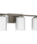 Four Light Linear Chandelier In Brushed Nickel With Faux Wood Back Plate And Clear And Etched Glass Shades For Spa Vibe Bath Vanity Lighting 7.75 In By 24 In