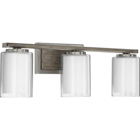 Four Light Linear Chandelier In Brushed Nickel With Faux Wood Back Plate And Clear And Etched Glass Shades For Spa Vibe Bath Vanity Lighting 7.75 In By 24 In