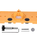 Heavy Duty Aramox Hinge Hole Saw Jig For Woodworking Pros with orange base, 35mm cutter, and accessories for precise drilling.