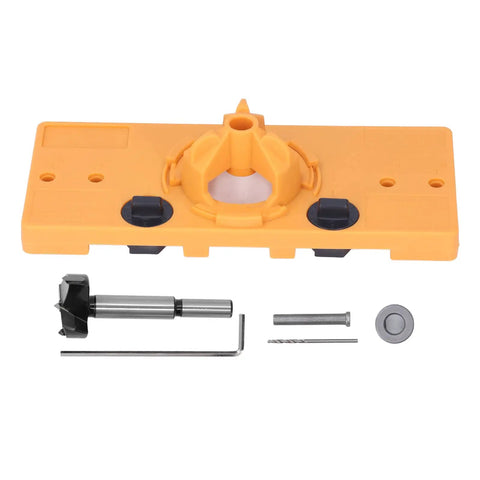 Heavy Duty Aramox Hinge Hole Saw Jig For Woodworking Pros with orange base, 35mm cutter, and accessories for precise drilling.