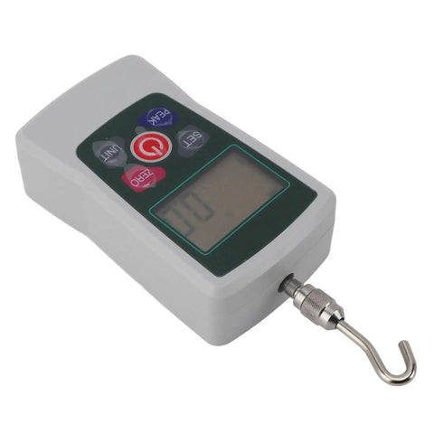 Portable Digital Force Tester With Aluminum Alloy Frame Push Pull Dynamometer Ranging From 20 To 200 Newtons Great For Material Mechanics Product Development Lab Testing And On Site Quality Control, handheld view with hook