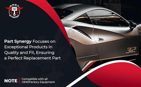 Part Synergy advertisement with a focus on quality and fit for replacement parts, featuring a stylish car graphic and brand logo.