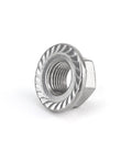 Close-up of 4 Piece M12 X 1.25mm Pitch Serrated Flange Nut, Beefy Stainless Steel 304, industrial grade, self-locking hex nut