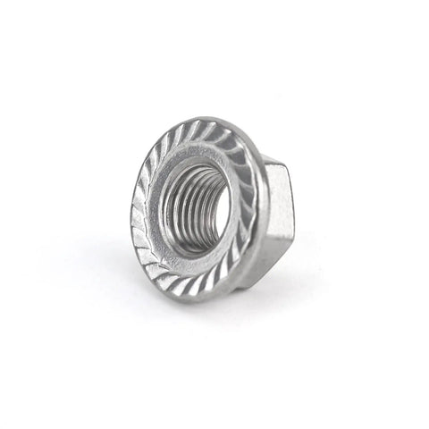 Close-up of 4 Piece M12 X 1.25mm Pitch Serrated Flange Nut, Beefy Stainless Steel 304, industrial grade, self-locking hex nut