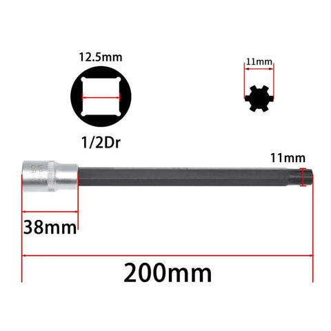 Hex socket driver tool from Land Rover Jaguar Camshaft Timing Tool Kit For 5.0L V8 And 3.0L Supercharged V6 Engines shown with dimensions.