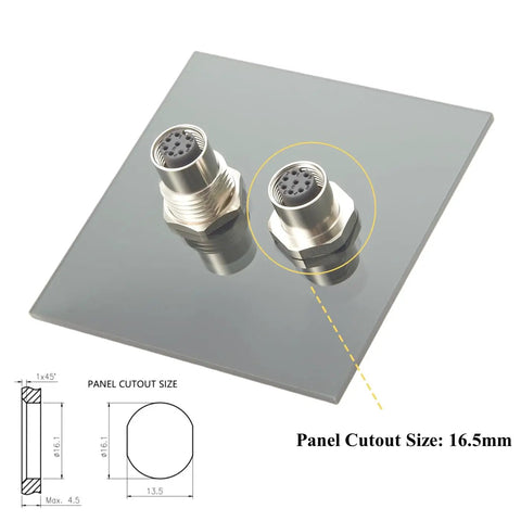 M12 A Code 8 Pin Female To Female Bulkhead Connector IP67 Waterproof Circular Receptacle with panel cutout size diagram