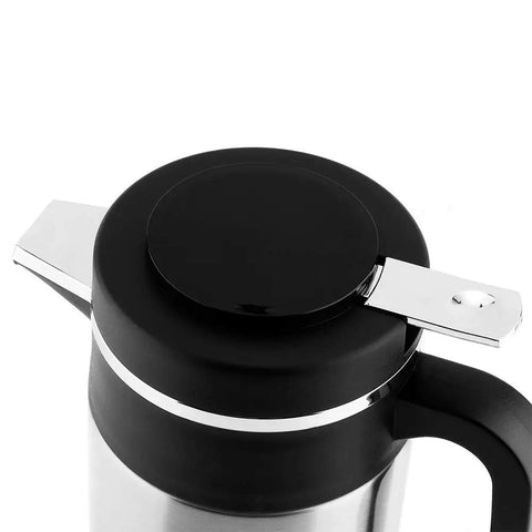Road Ready Setup 1000 Milliliter Stainless Steel 12 Volt Car Kettle with black lid and stainless steel detail for tea brewing.
