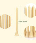 Close-up of bamboo golf tees, 3 1/4 inch, eco-friendly and durable, 110 pack. Bamboo Golf Tees Three And One Quarter Inch Long 110 Pack.