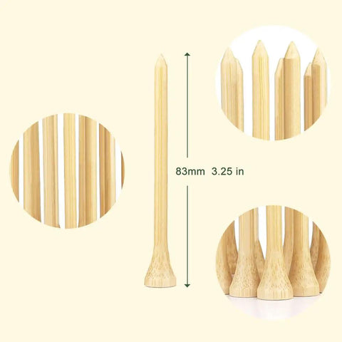 Close-up of bamboo golf tees, 3 1/4 inch, eco-friendly and durable, 110 pack. Bamboo Golf Tees Three And One Quarter Inch Long 110 Pack.