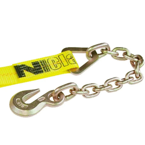 Heavy Duty Yellow Ratchet Straps With Chain Anchors 4 Inch By 27 Foot Long Two Pack 5400 Pound Safe Working Load detail view