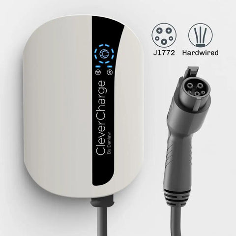 Level 2 EV Charger With CleverKey AI, 48A 240V J1772 EVSE, WiFi Enabled, Hardwired unit shown with cable and connectors