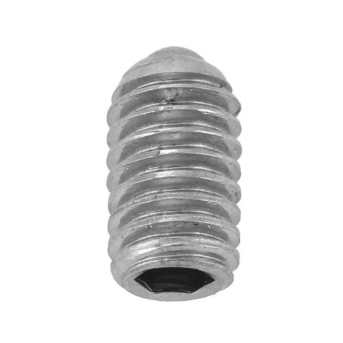 Close-up of a stainless steel M6 spring ball point grub screw with hex drive for heavy-duty fastening. 20 Piece M6 Stainless Steel Spring Ball Point Grub Screws Hex Drive Adjustable Wave Ball Plunger Stop Screw Built Darn Tough Rock Solid Heavy Hitter Fastening Hardware Kit.