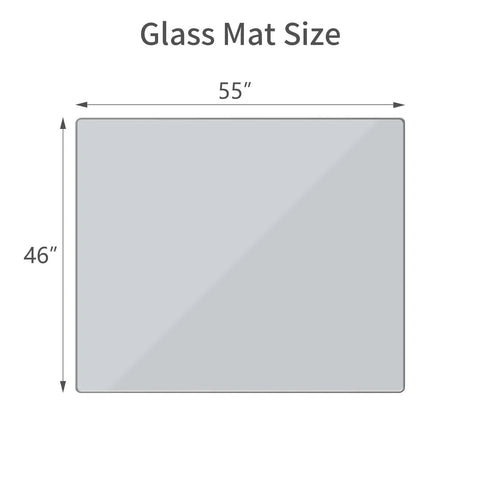 Diagram showing 46 By 55 Inch Glass Chair Mat For Carpet And Hard Floors, heavy duty tempered glass with measurements.
