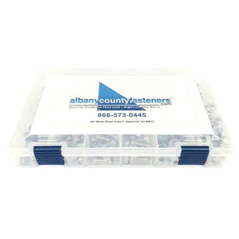 Stainless Steel Button Head Socket Cap Screw Kit With Nuts And Washers, 551 Pieces in plastic storage case, top view